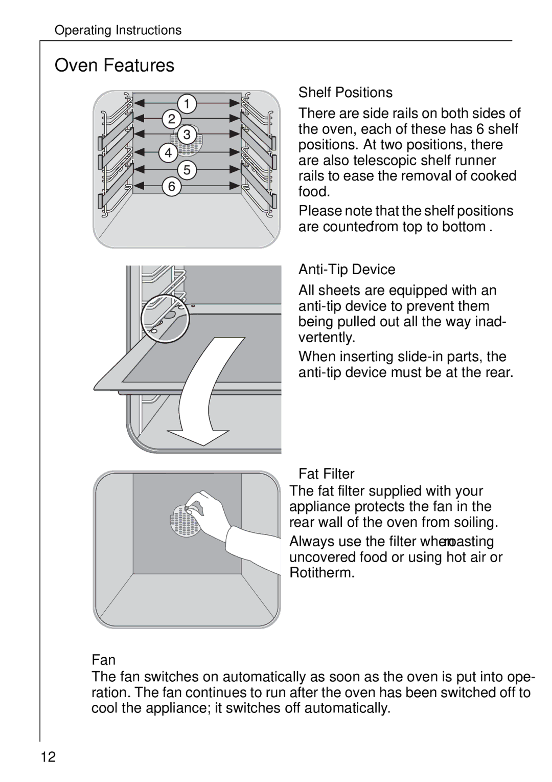 Electrolux B 81005 manual Oven Features, Shelf Positions, Anti-Tip Device, Fat Filter, Fan 