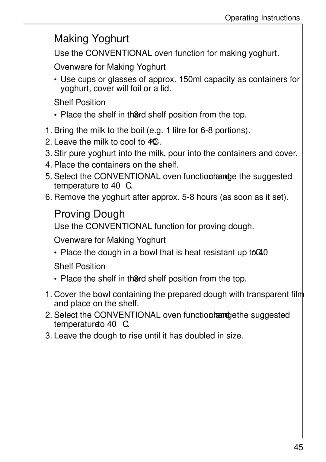 Electrolux B 81005 manual Proving Dough, Ovenware for Making Yoghurt 