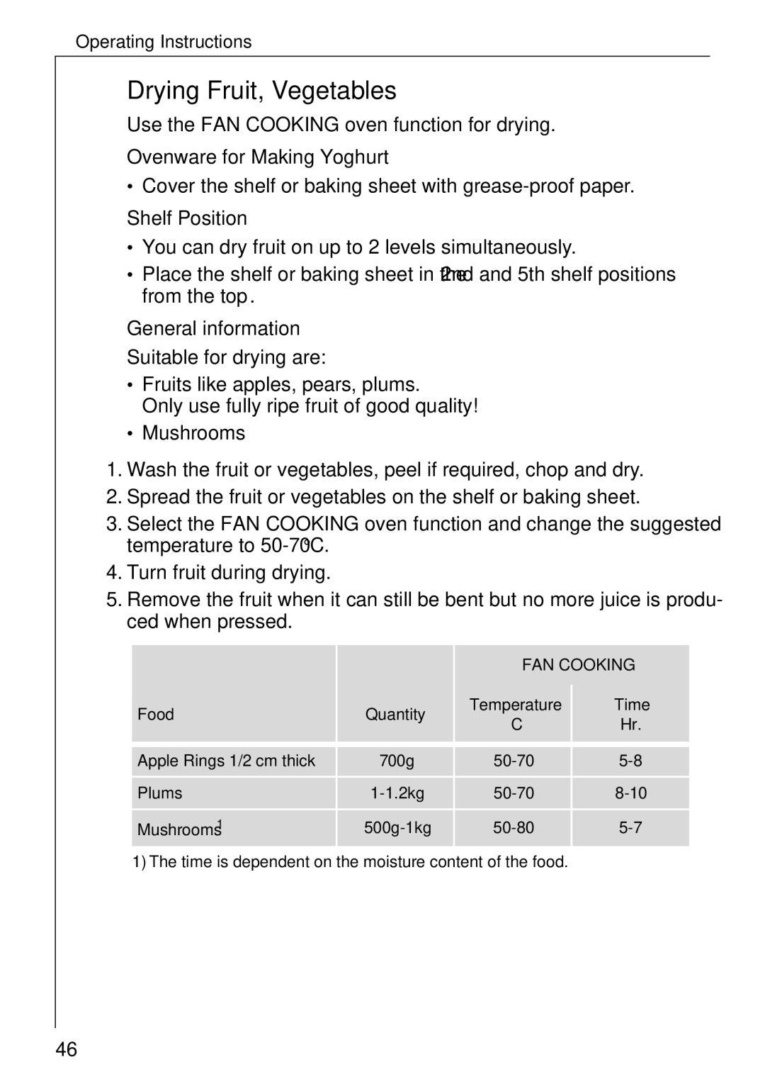 Electrolux B 81005 manual Drying Fruit, Vegetables, Shelf Position, Food Quantity Temperature Time 