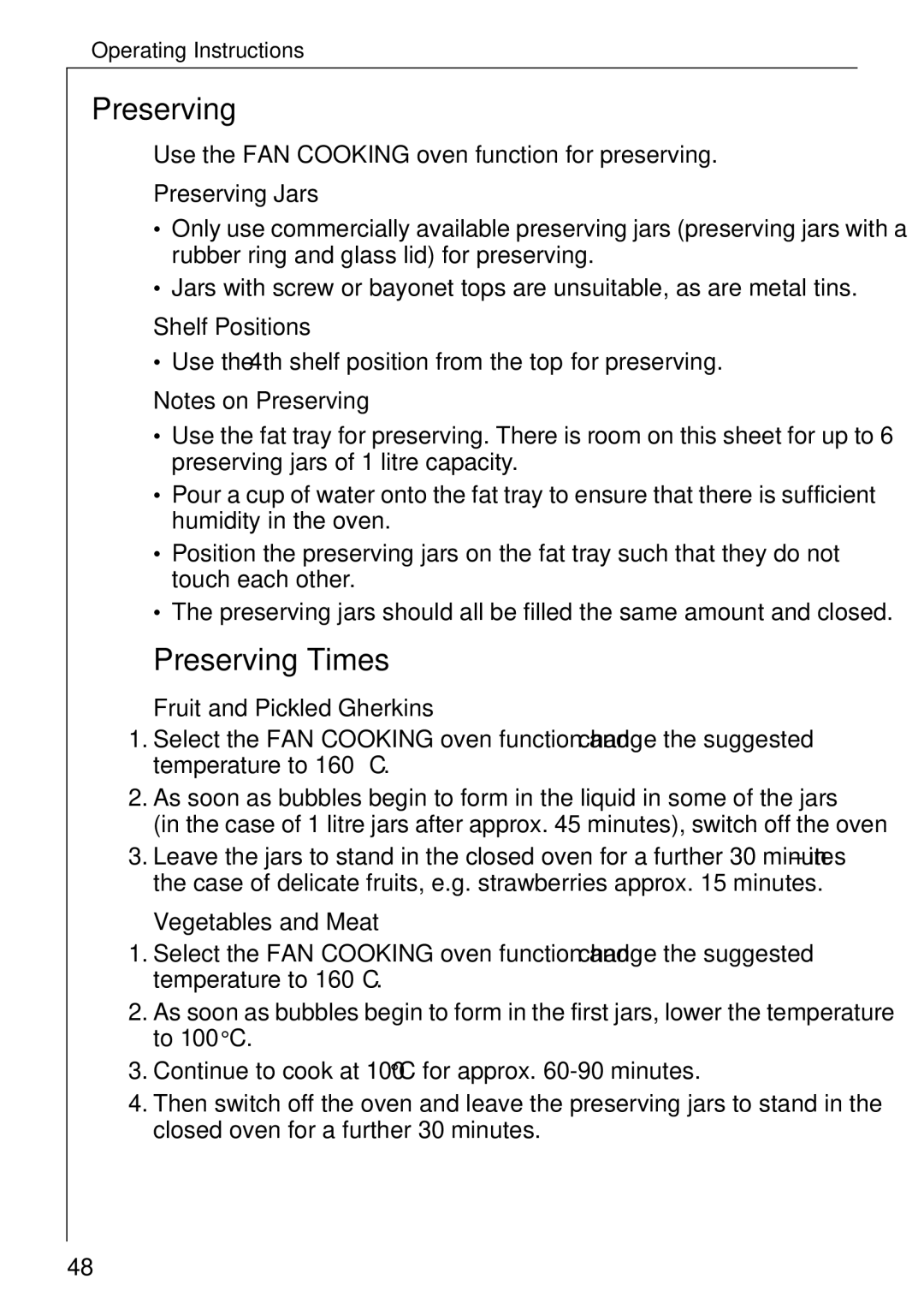 Electrolux B 81005 manual Preserving Times, Preserving Jars, Fruit and Pickled Gherkins, Vegetables and Meat 