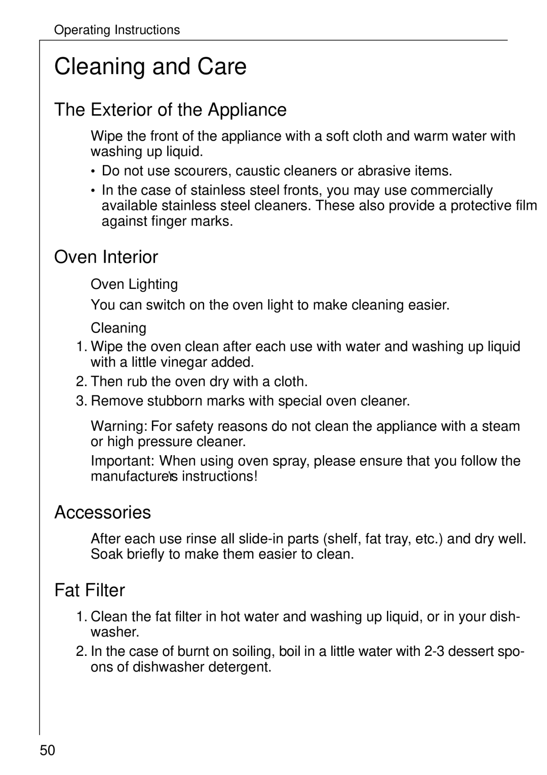 Electrolux B 81005 manual Cleaning and Care, Exterior of the Appliance, Oven Interior, Accessories, Fat Filter 