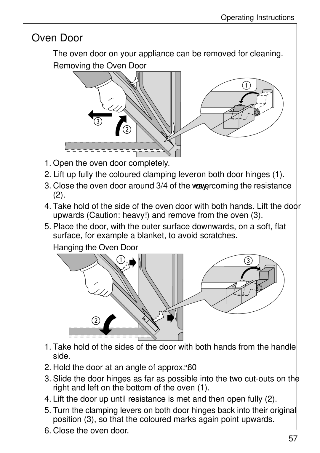 Electrolux B 81005 manual Removing the Oven Door, Hanging the Oven Door 