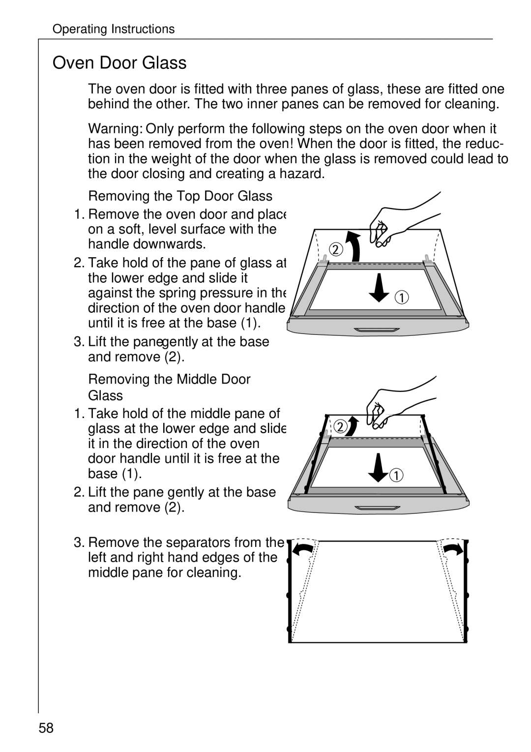 Electrolux B 81005 manual Oven Door Glass, Removing the Top Door Glass, Removing the Middle Door Glass 