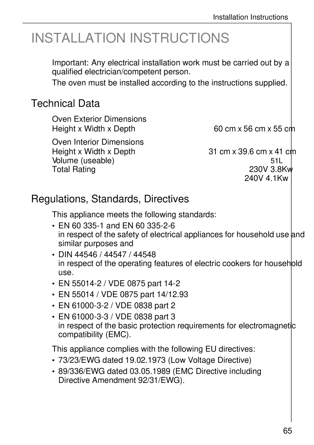 Electrolux B 81005 Technical Data, Regulations, Standards, Directives, Oven Exterior Dimensions, Oven Interior Dimensions 