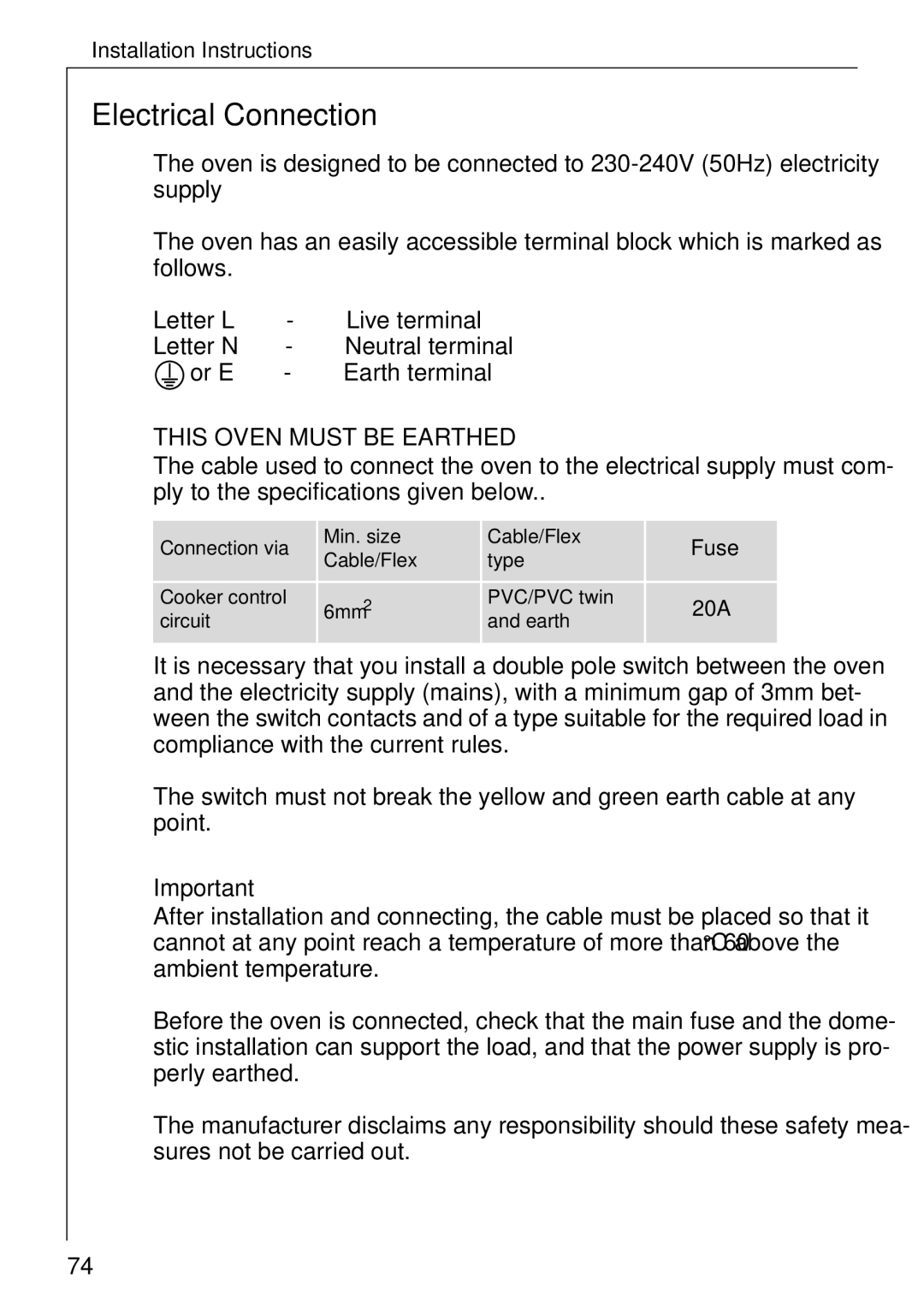 Electrolux B 81005 manual Electrical Connection, Connection via Min. size Cable/Flex, Circuit Earth 