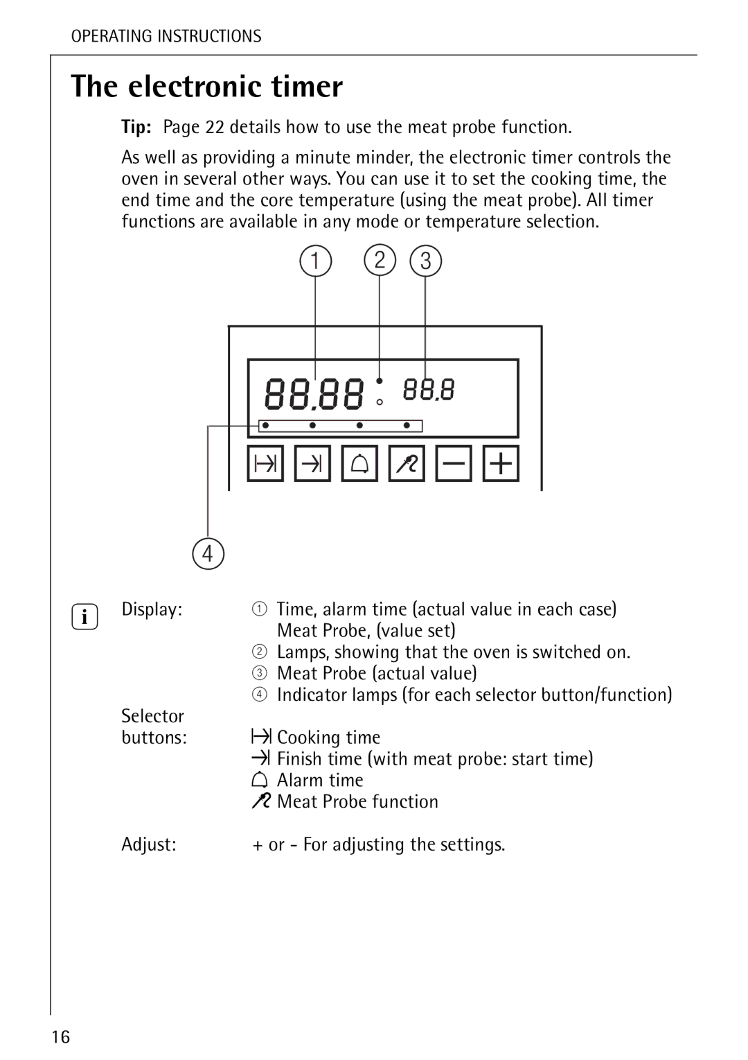 Electrolux B 8139-4-m manual Electronic timer, Tip Page 22 details how to use the meat probe function 