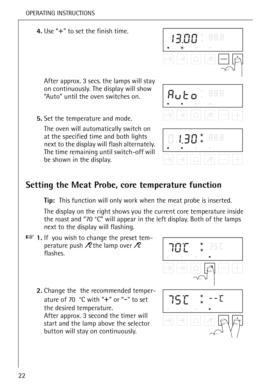 Electrolux B 8139-4-m manual Setting the Meat Probe, core temperature function, Use + to set the finish time 