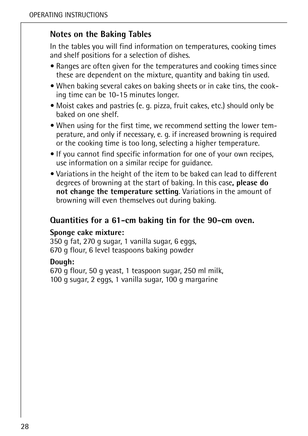 Electrolux B 8139-4-m manual Quantities for a 61-cm baking tin for the 90-cm oven, Sponge cake mixture, Dough 