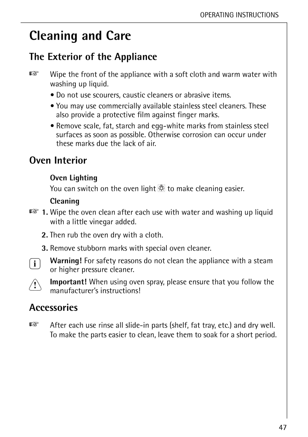 Electrolux B 8139-4-m manual Cleaning and Care, Exterior of the Appliance, Oven Interior, Accessories 