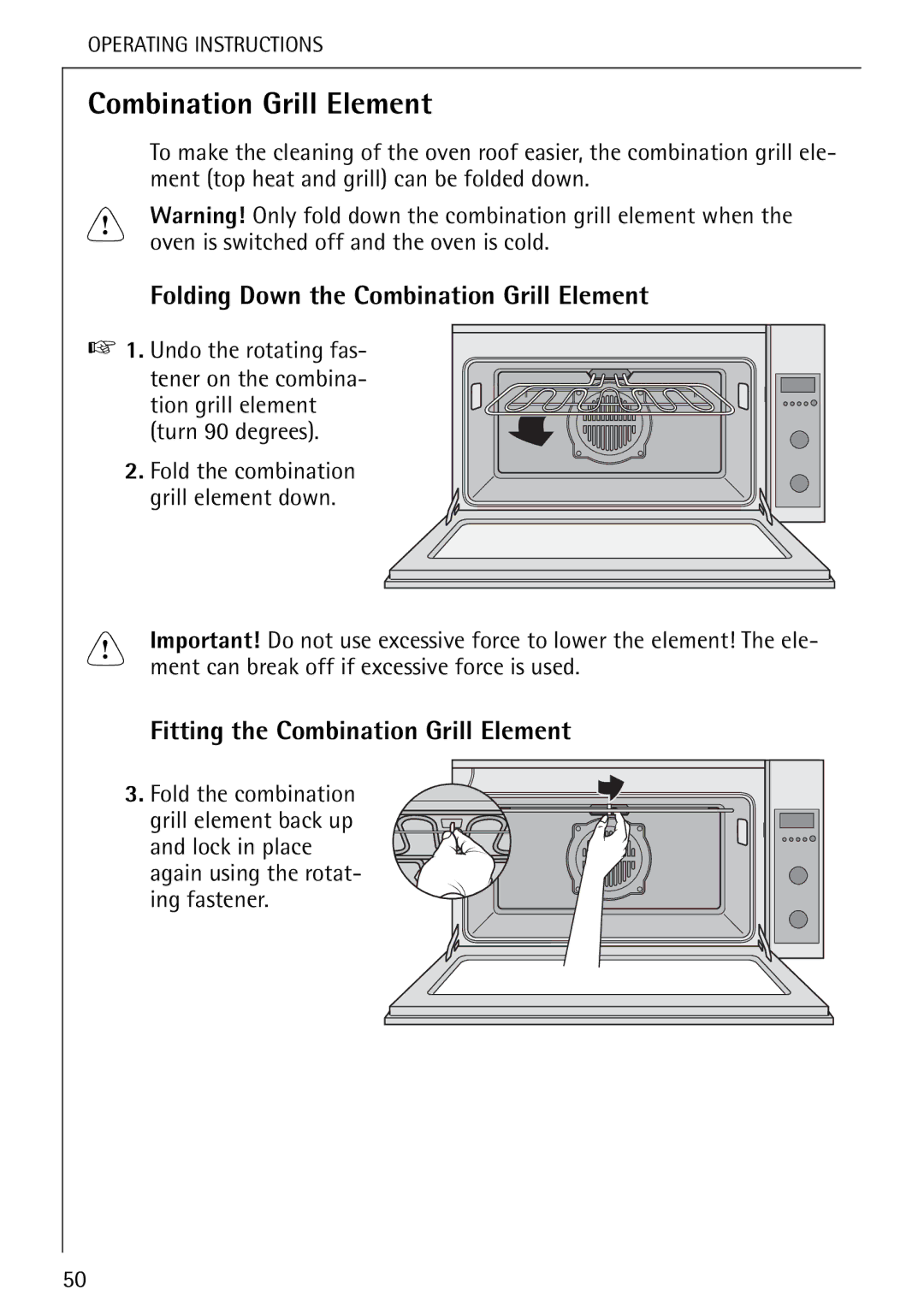 Electrolux B 8139-4-m manual Folding Down the Combination Grill Element, Fitting the Combination Grill Element 