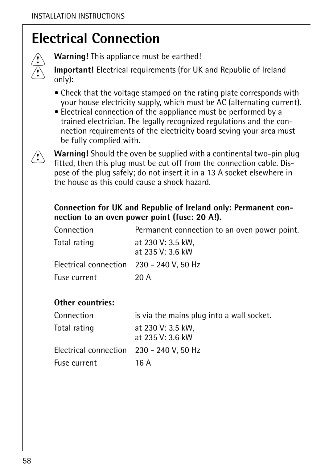 Electrolux B 8139-4-m manual Electrical Connection, Other countries 