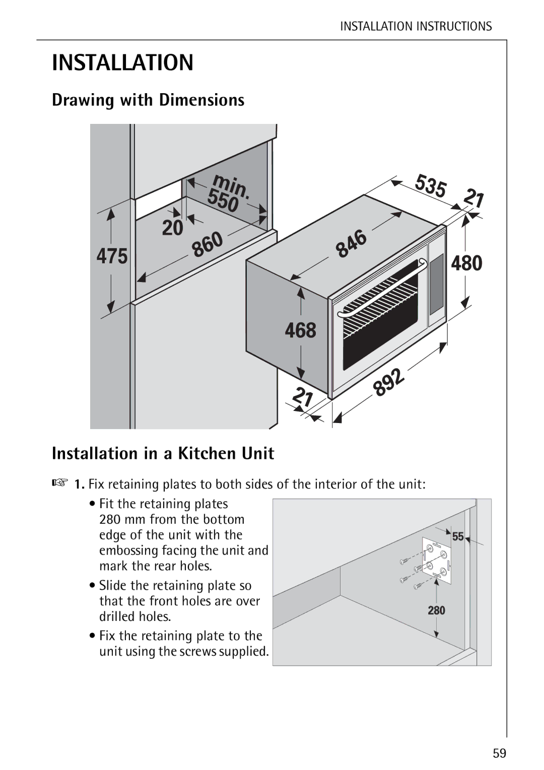 Electrolux B 8139-4-m manual Drawing with Dimensions Installation in a Kitchen Unit 