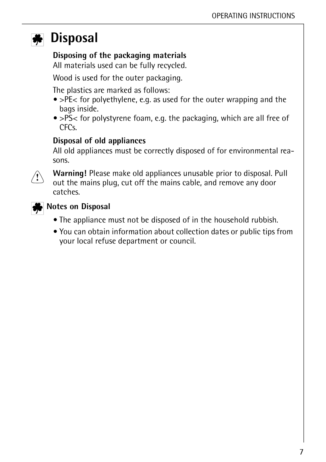 Electrolux B 8139-4-m manual Disposing of the packaging materials, Disposal of old appliances 