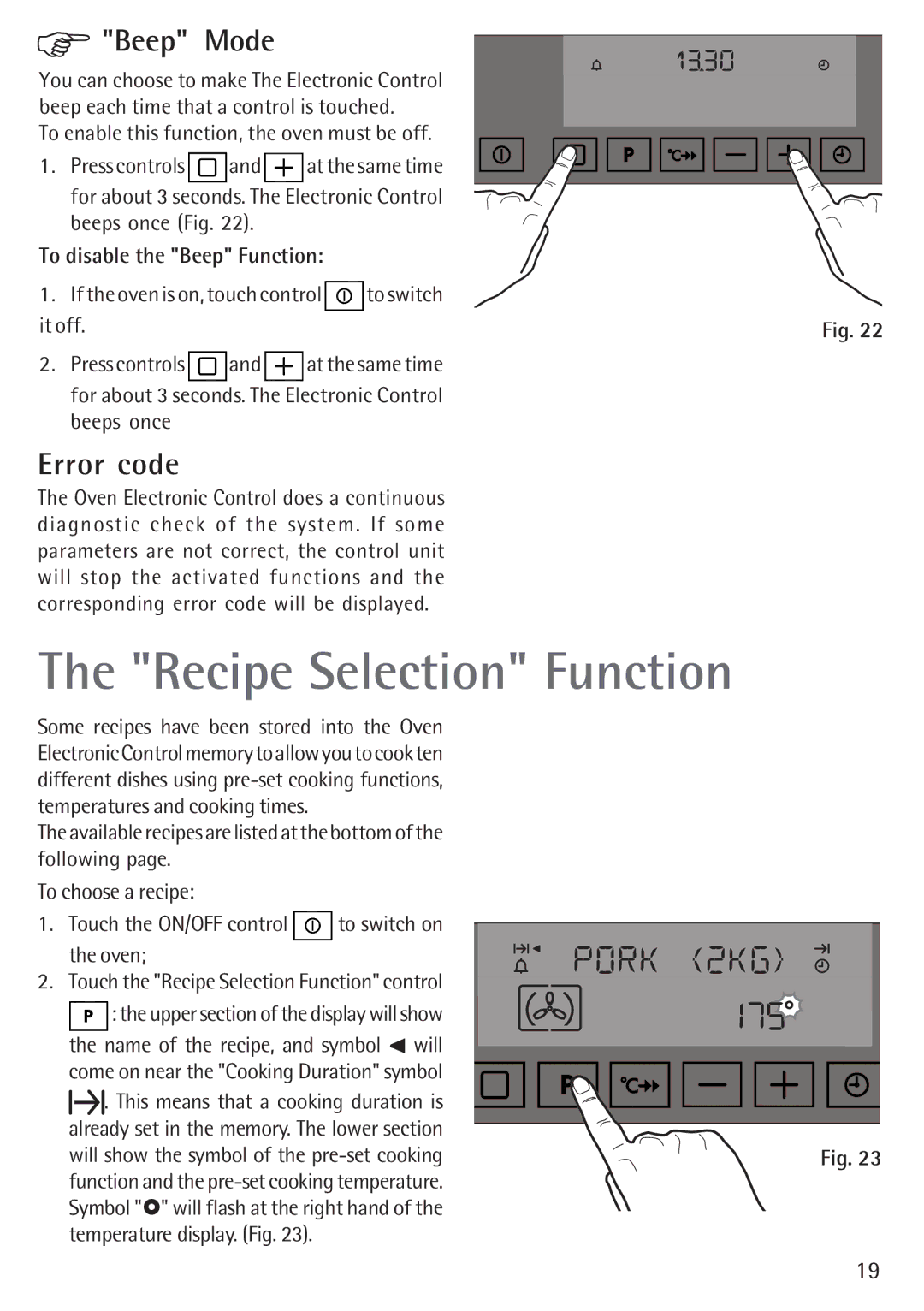 Electrolux B 89092-4 manual Recipe Selection Function, Beep Mode, Error code, To disable the Beep Function, It off 