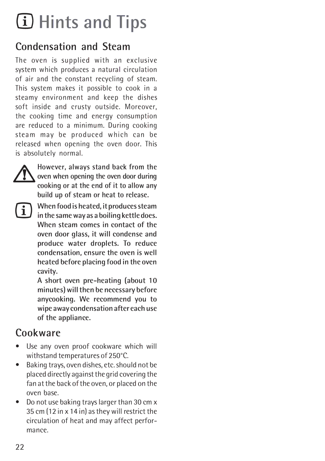 Electrolux B 89092-4 manual Hints and Tips, Condensation and Steam, Cookware 