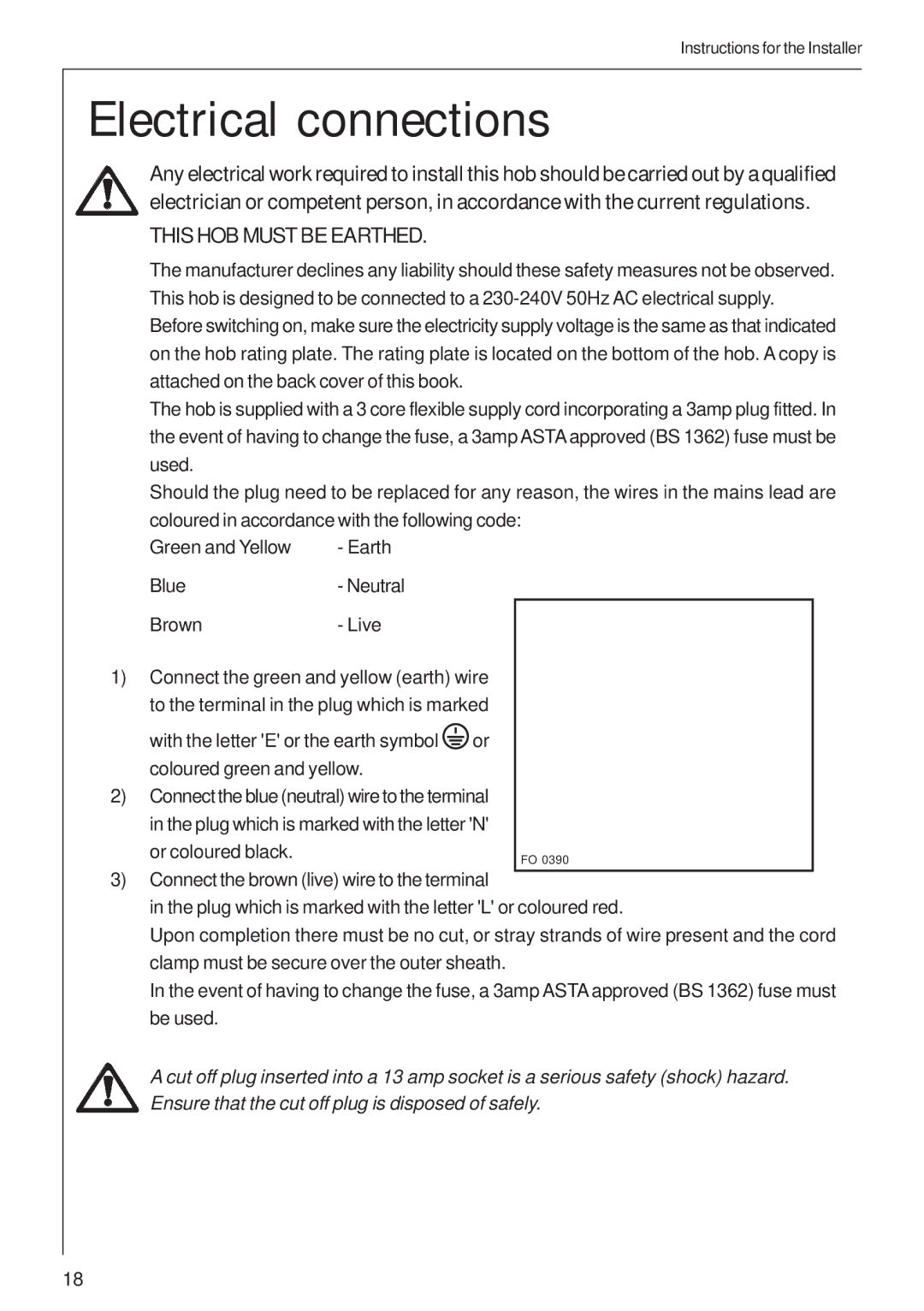 Electrolux B 99852G user manual Electrical connections, This HOB Must be Earthed 