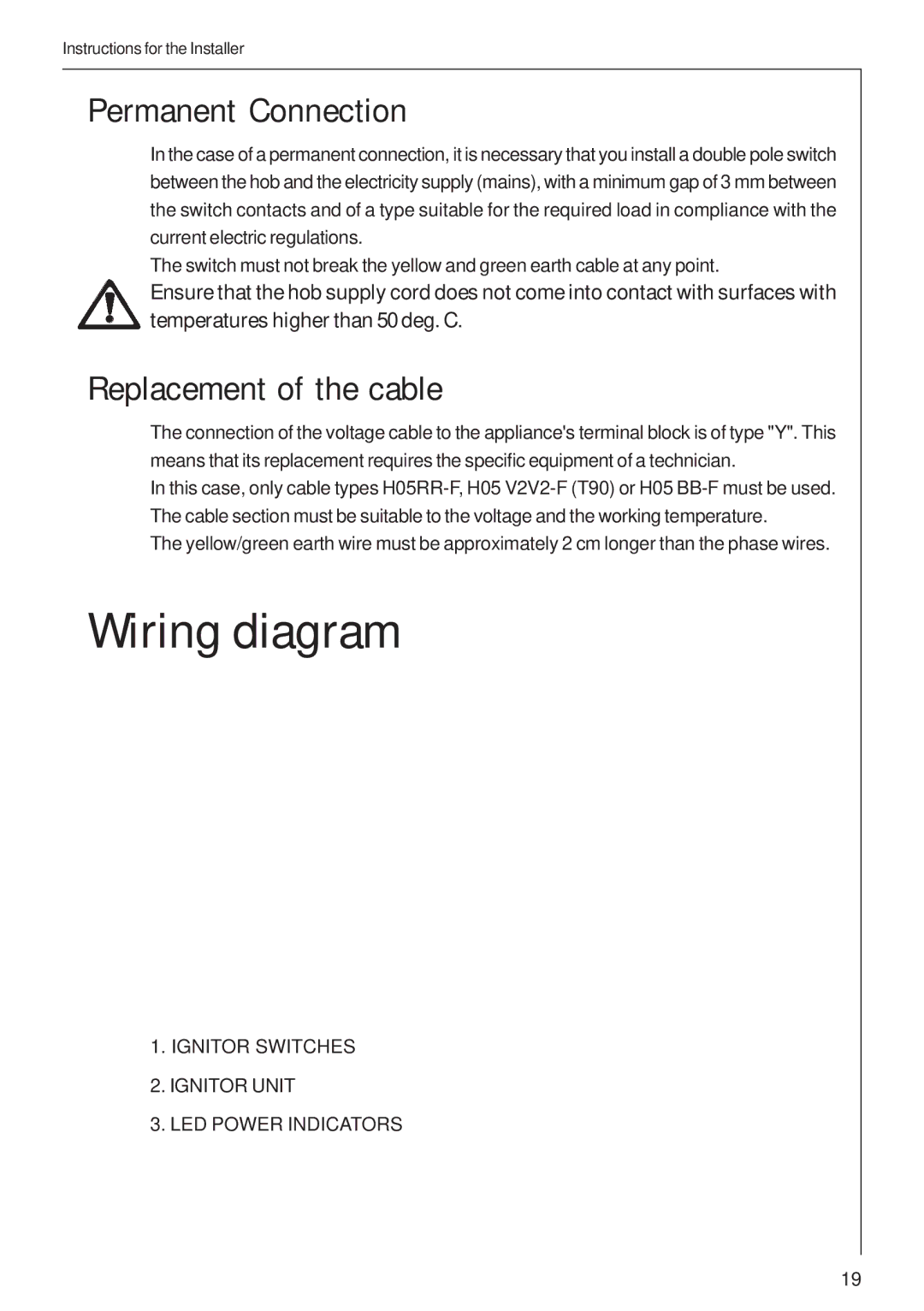 Electrolux B 99852G user manual Wiring diagram, Permanent Connection, Replacement of the cable 