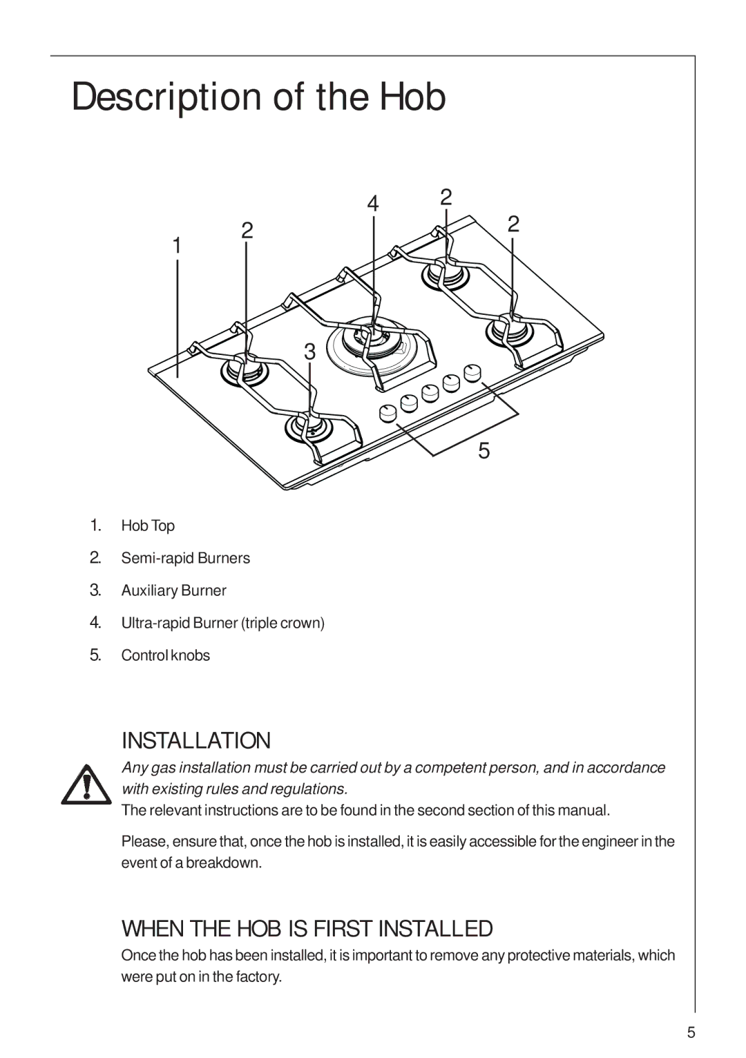 Electrolux B 99852G user manual Description of the Hob, Installation 