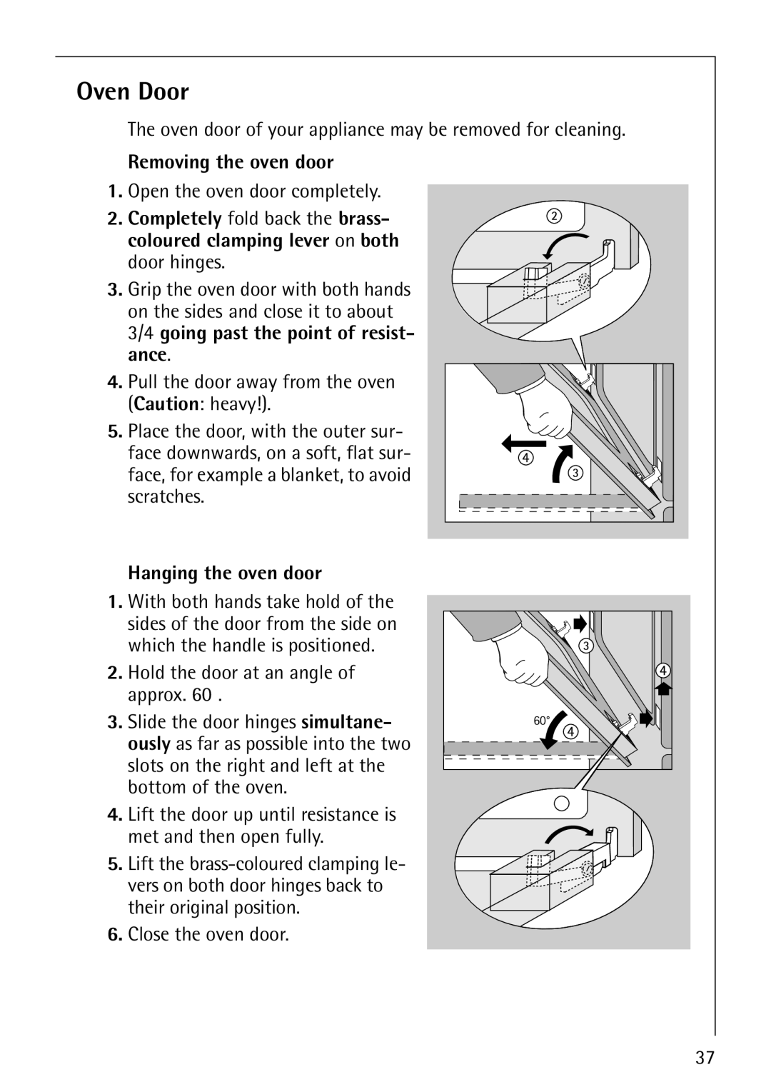 Electrolux B1100-2 manual Oven Door, Removing the oven door, Hanging the oven door 