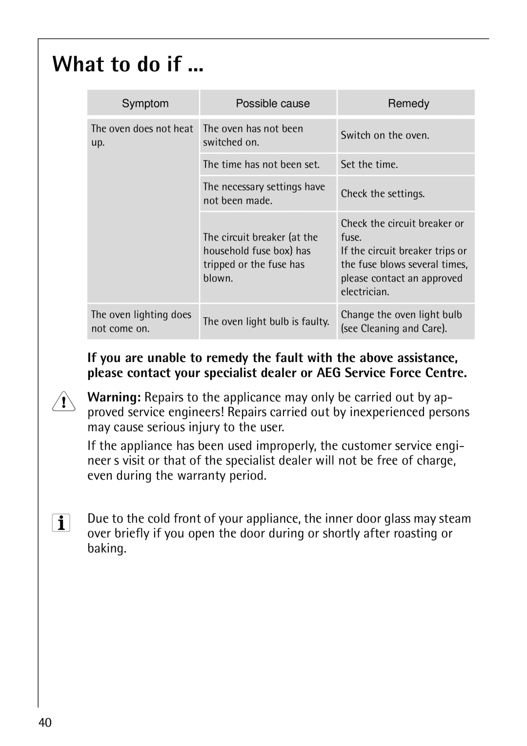 Electrolux B1100-2 manual What to do if, May cause serious injury to the user, Even during the warranty period, Baking 