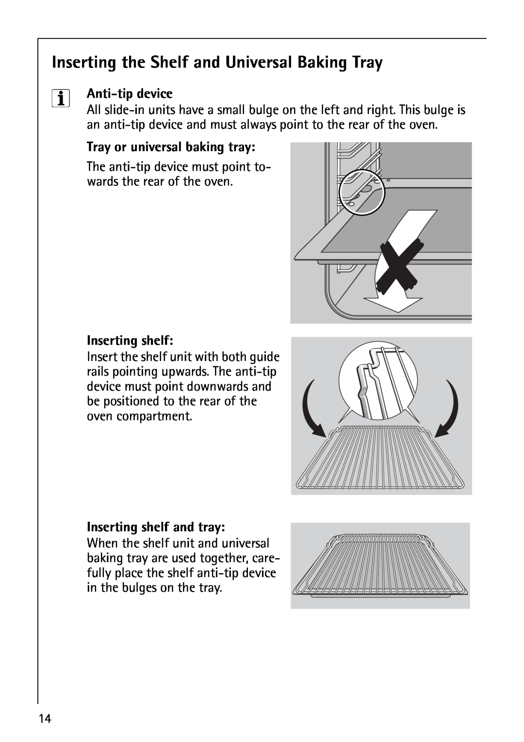 Electrolux B1100-2 manual Inserting the Shelf and Universal Baking Tray, Anti-tip device, Tray or universal baking tray 