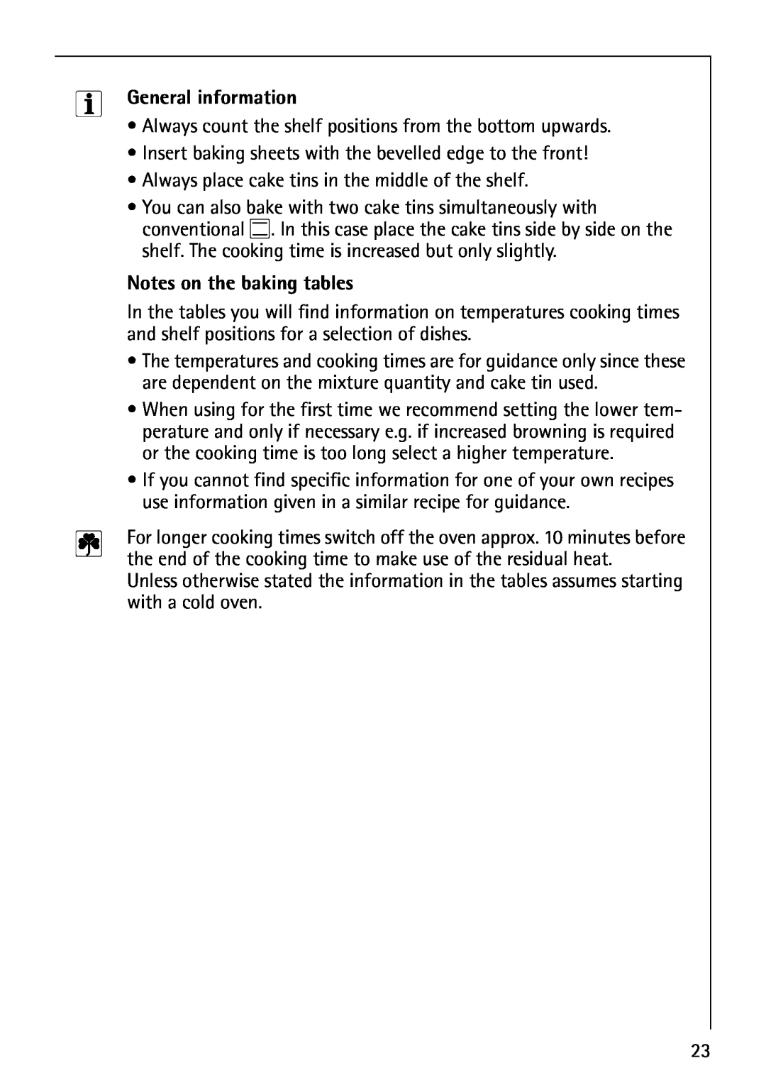 Electrolux B1100-2 manual Notes on the baking tables, General information 