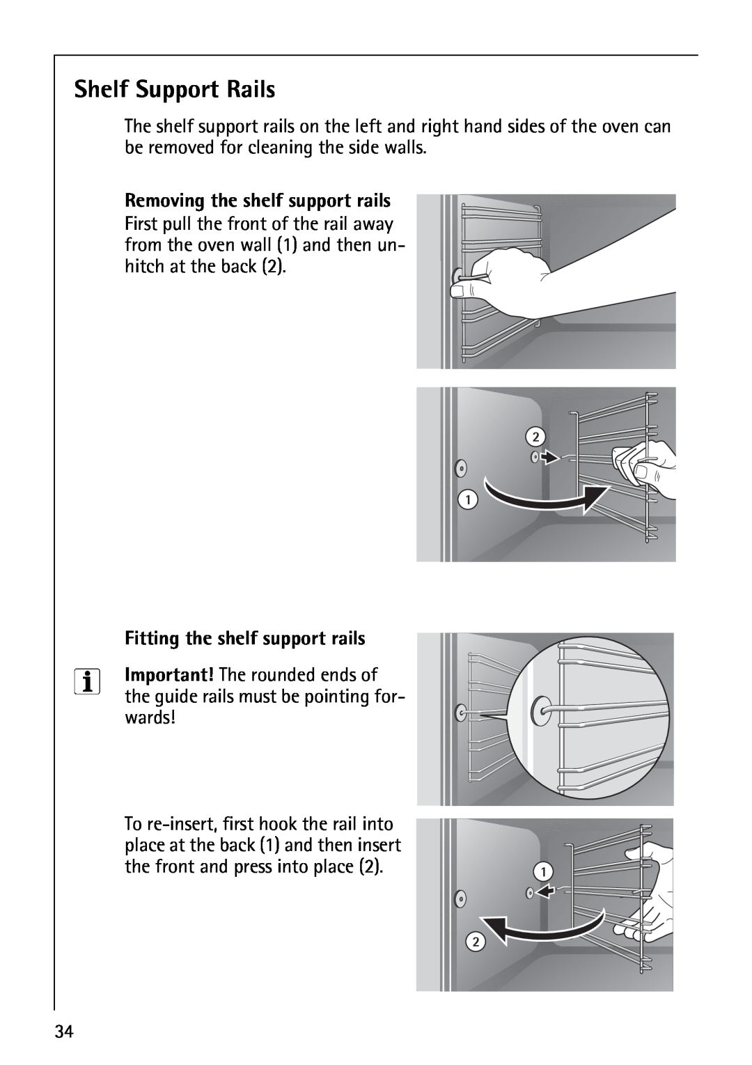 Electrolux B1100-2 manual Shelf Support Rails, Removing the shelf support rails, Fitting the shelf support rails 