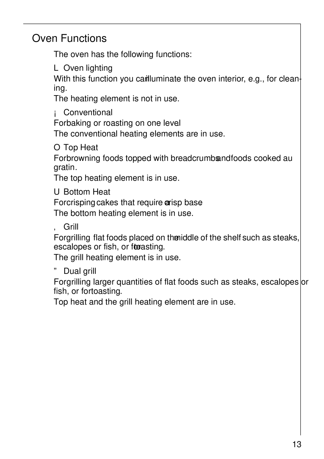 Electrolux B1100-3 manual Oven Functions 