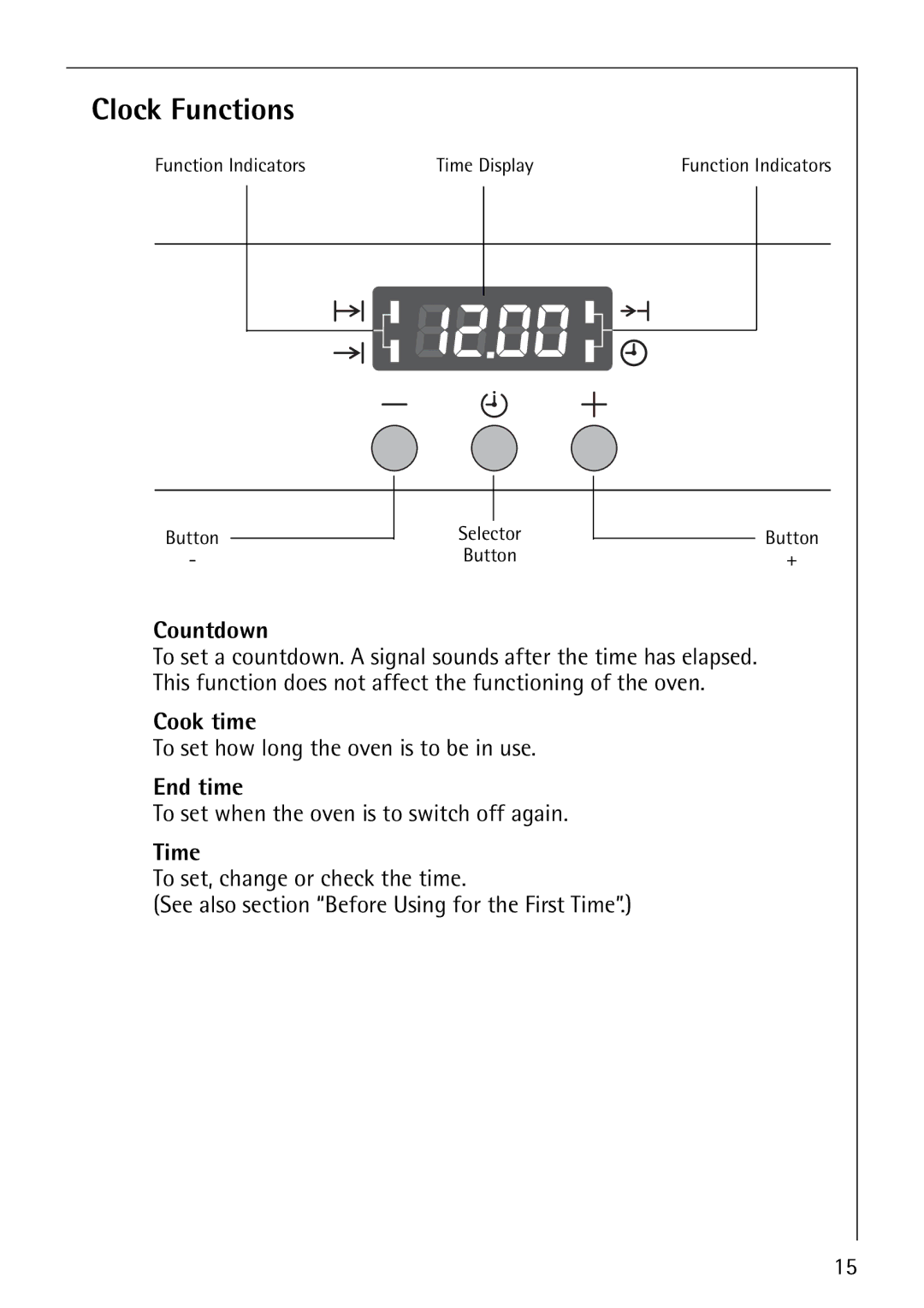 Electrolux B1100-3 manual Clock Functions, Countdown G, Cook time d, End time e, Time W 