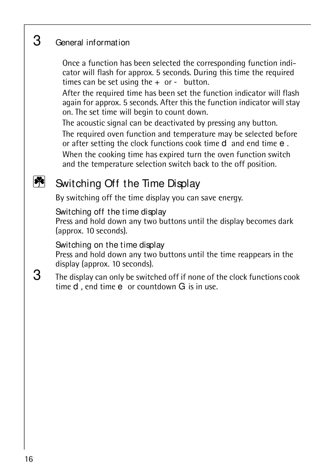 Electrolux B1100-3 manual Switching Off the Time Display, General information, Switching off the time display 