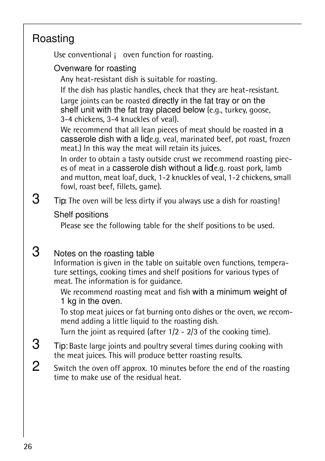 Electrolux B1100-3 manual Roasting, Use conventional ¡ oven function for roasting, Ovenware for roasting 