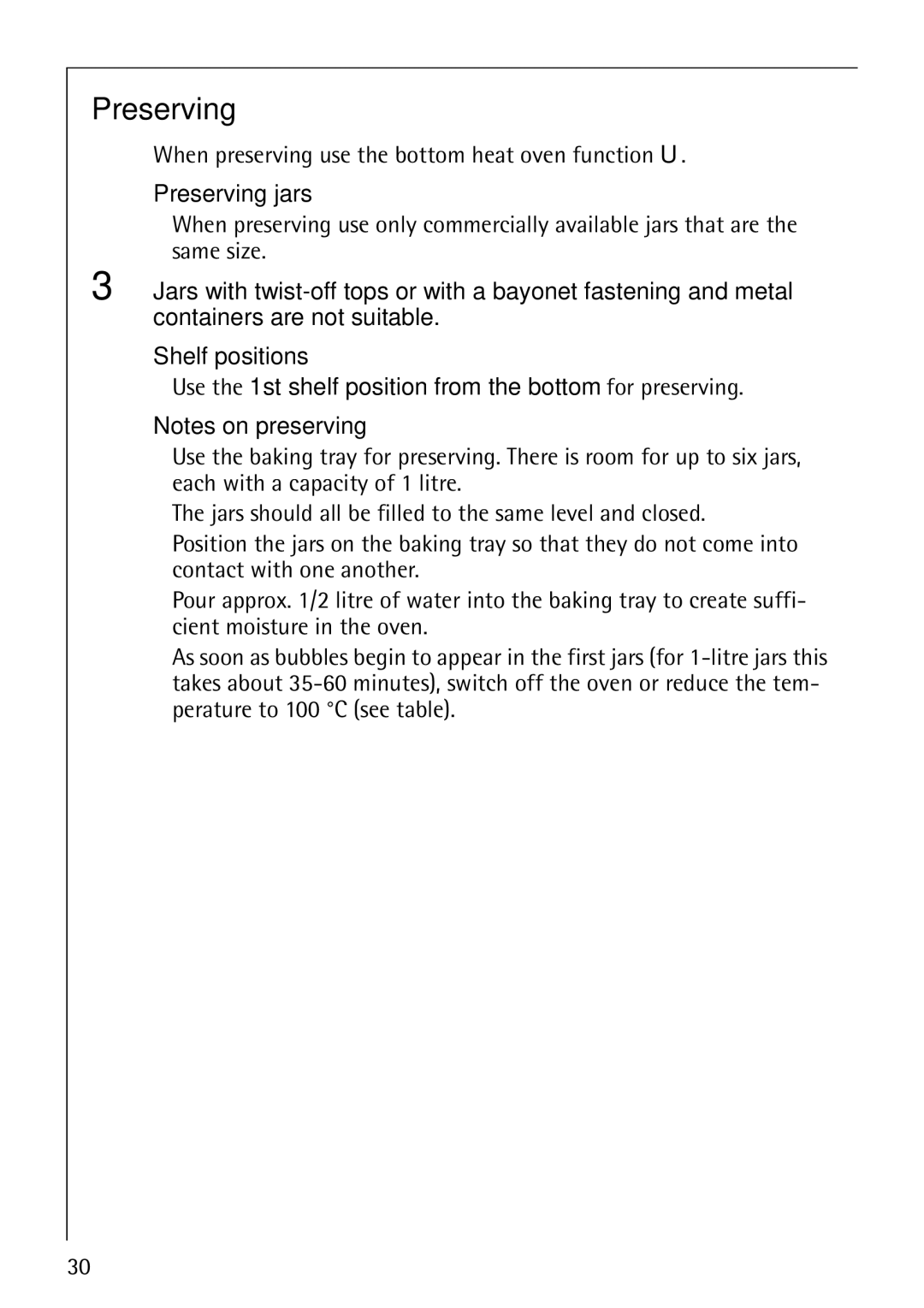 Electrolux B1100-3 manual When preserving use the bottom heat oven function U, Preserving jars 