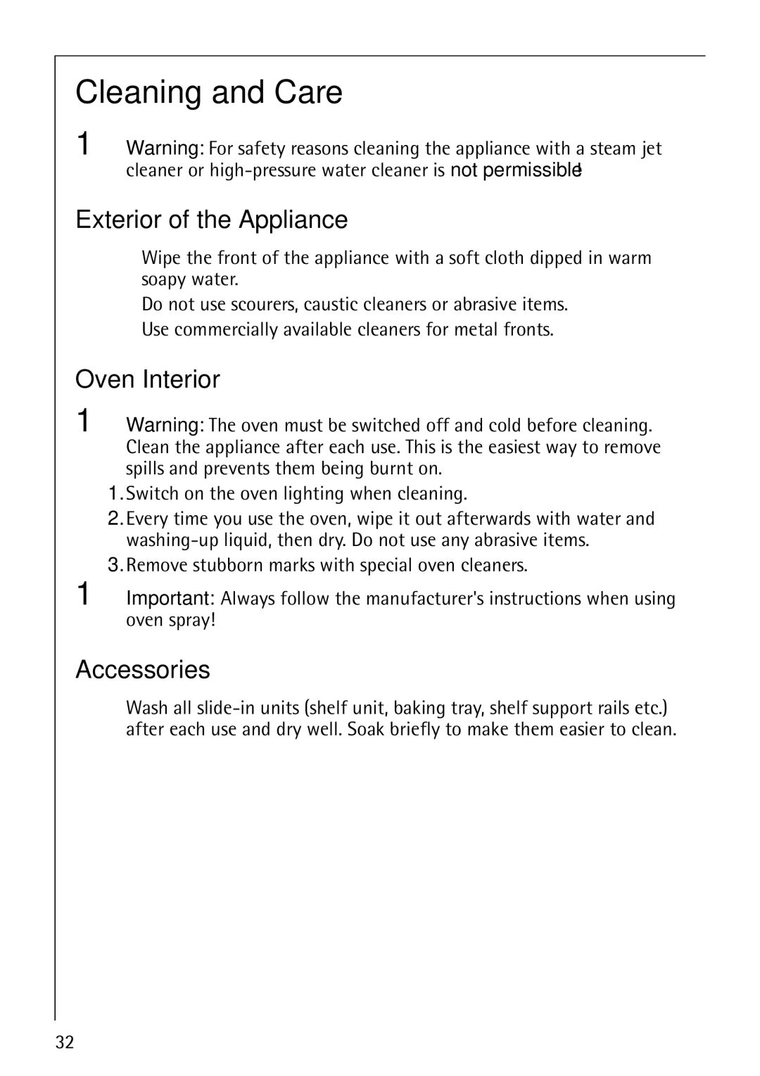 Electrolux B1100-3 manual Cleaning and Care, Exterior of the Appliance, Oven Interior, Accessories 