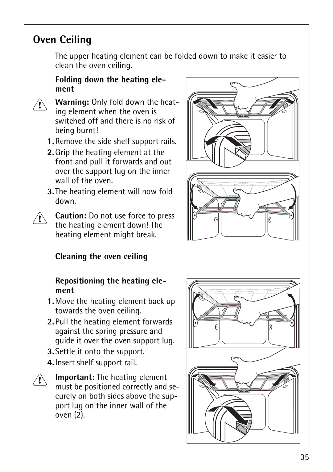 Electrolux B1100-3 manual Oven Ceiling, Folding down the heating ele- ment 