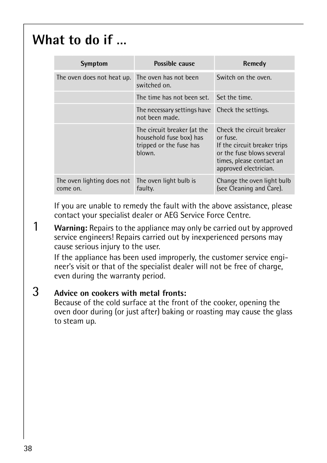 Electrolux B1100-3 manual What to do if …, Advice on cookers with metal fronts, Symptom Possible cause Remedy 