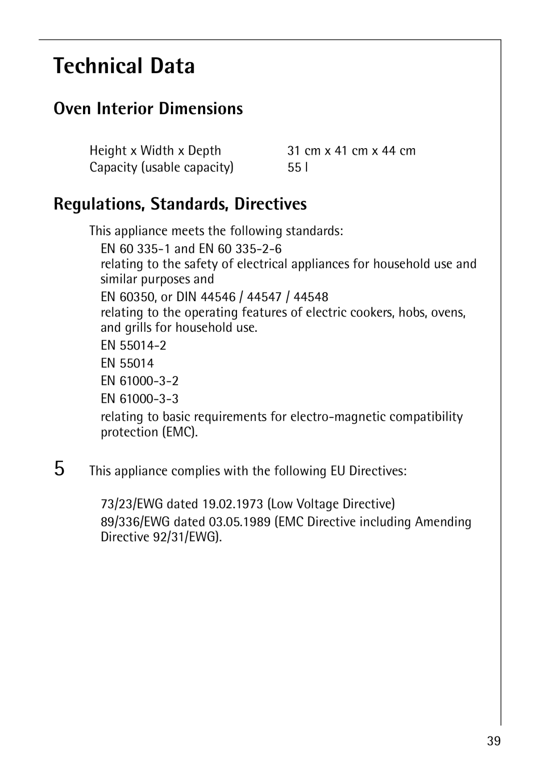 Electrolux B1100-3 Technical Data, Oven Interior Dimensions, Regulations, Standards, Directives, Height x Width x Depth 