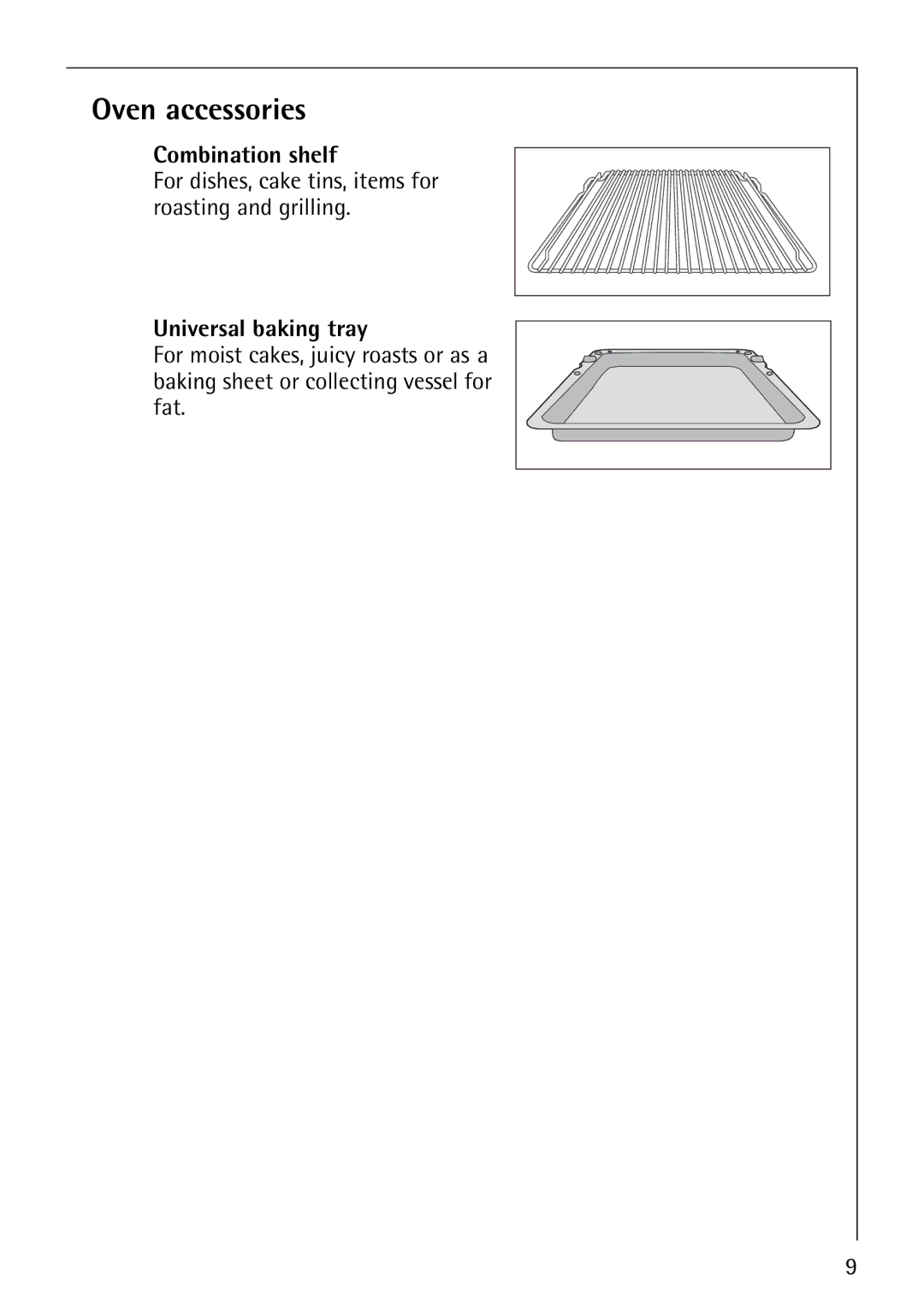 Electrolux B1100-3 manual Oven accessories, Combination shelf, Universal baking tray 