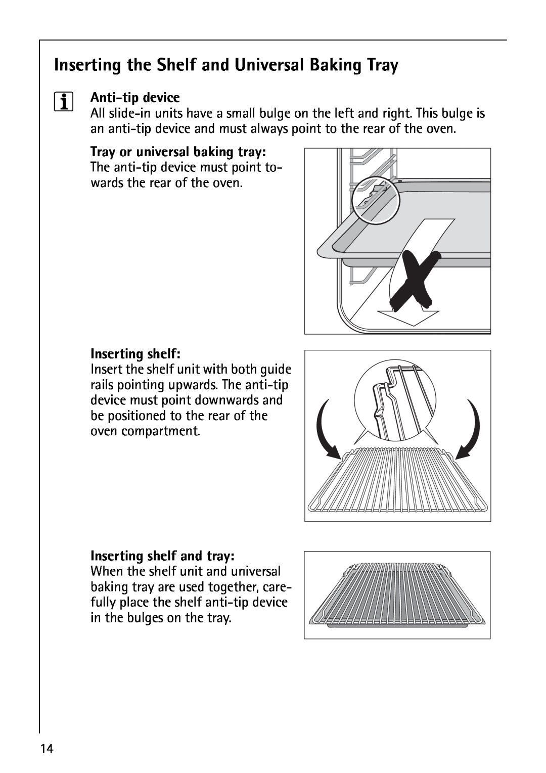 Electrolux B1100-3 manual Inserting the Shelf and Universal Baking Tray, Anti-tip device, Inserting shelf 