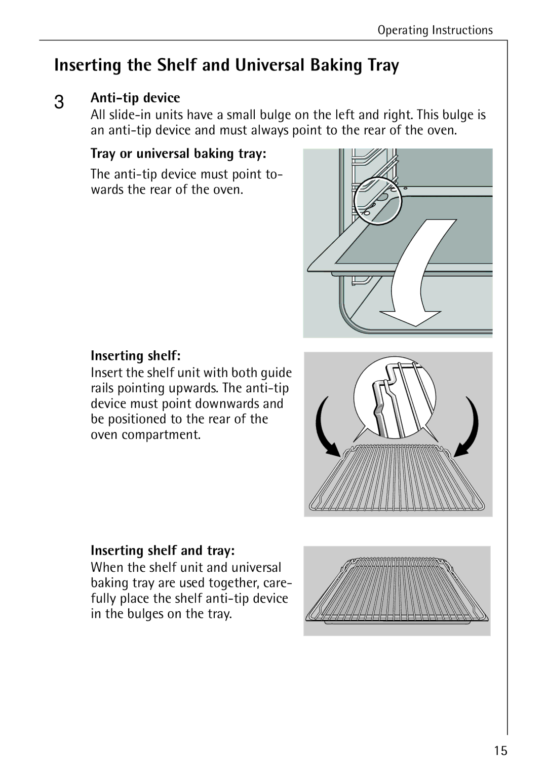 Electrolux B1180-1 manual Inserting the Shelf and Universal Baking Tray, Anti-tip device, Tray or universal baking tray 