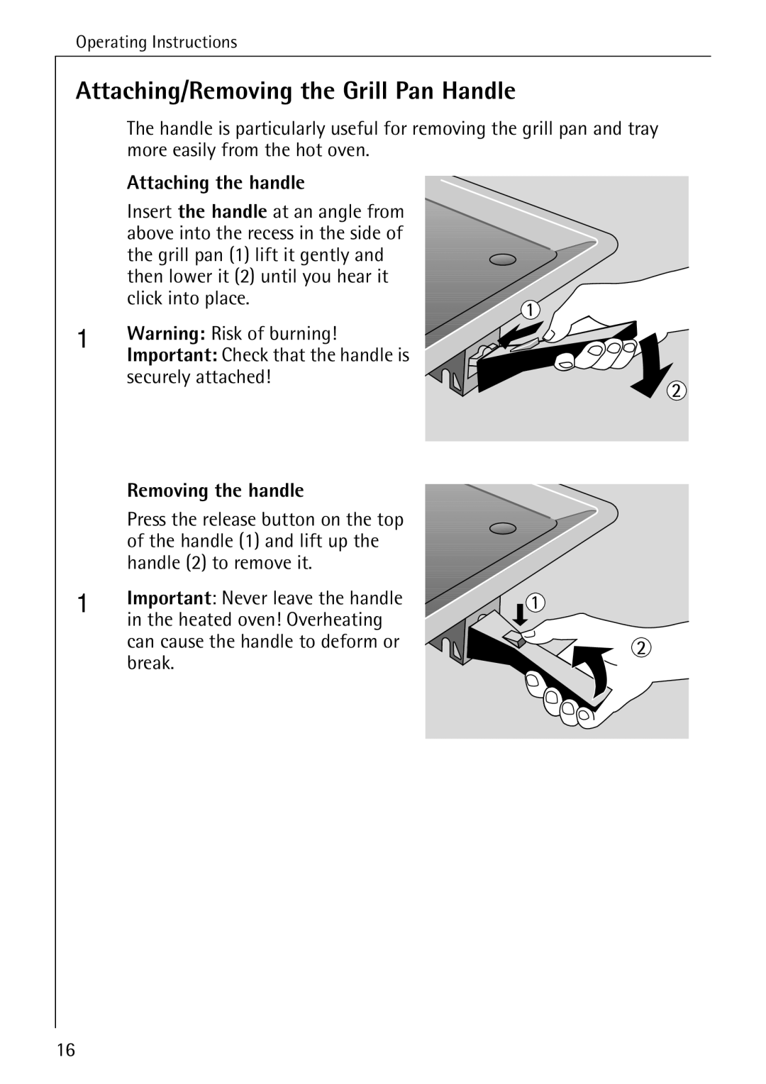 Electrolux B1180-1 manual Attaching/Removing the Grill Pan Handle, Attaching the handle, Removing the handle 