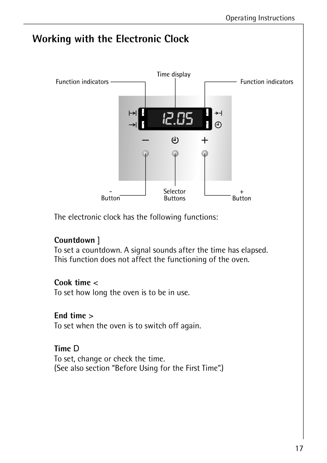 Electrolux B1180-1 manual Working with the Electronic Clock, Countdown, Cook time, End time, Time D 