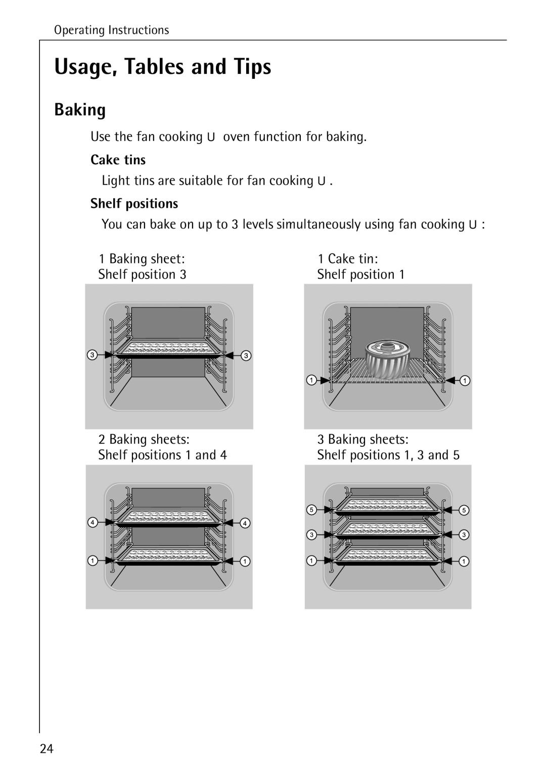 Electrolux B1180-1 manual Usage, Tables and Tips, Baking, Cake tins, Shelf positions 