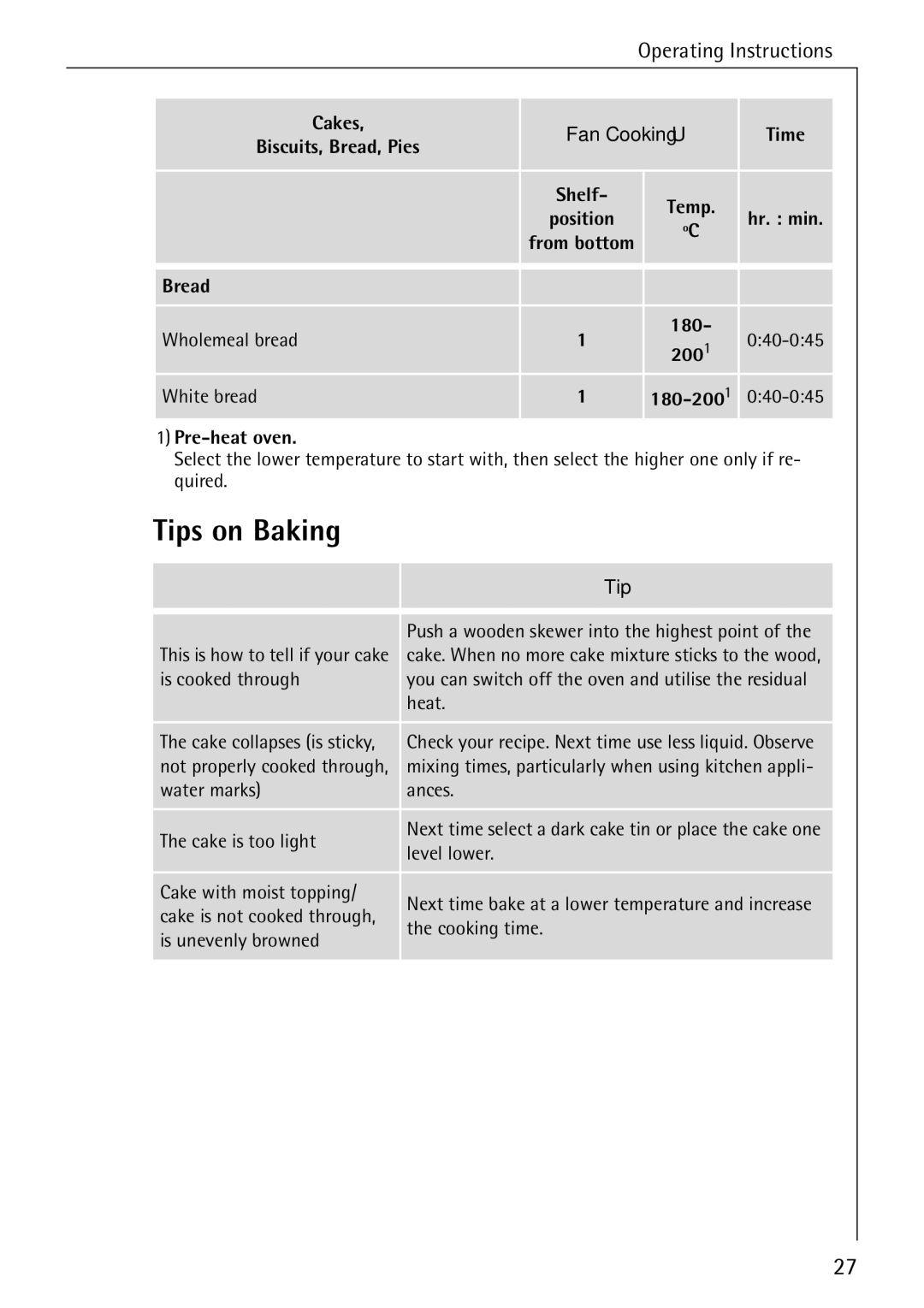 Electrolux B1180-1 manual Tips on Baking 