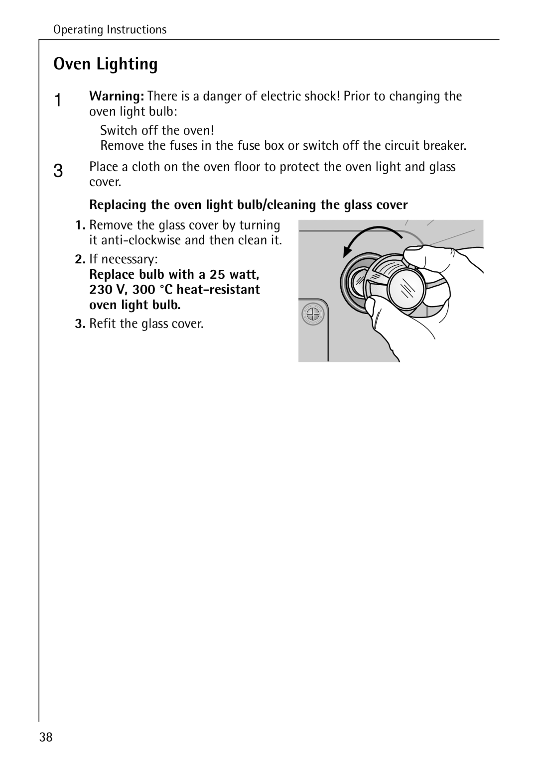 Electrolux B1180-1 manual Oven Lighting, Replacing the oven light bulb/cleaning the glass cover 