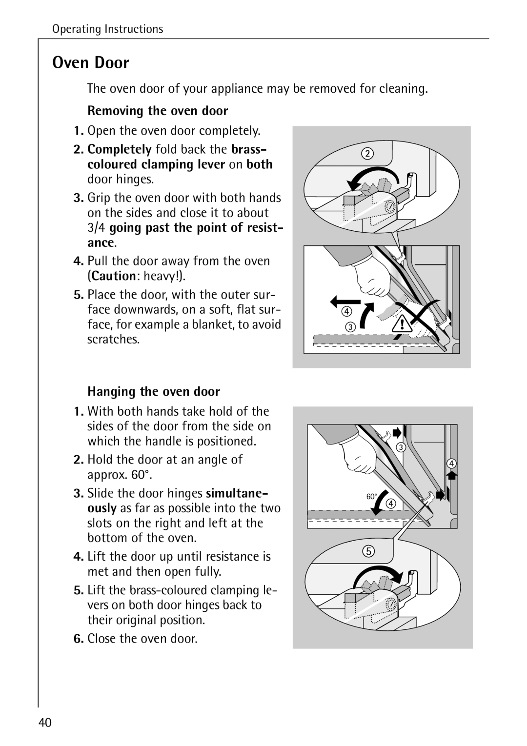 Electrolux B1180-1 manual Oven Door, Removing the oven door, Hanging the oven door 