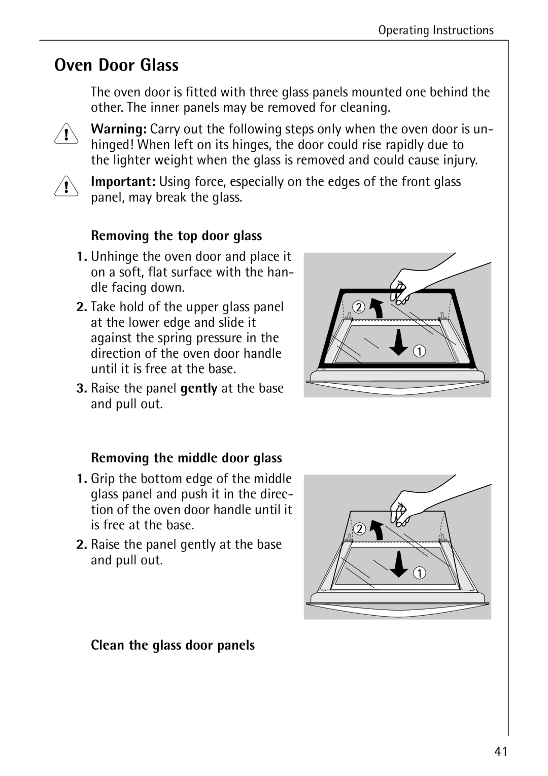 Electrolux B1180-1 manual Oven Door Glass, Removing the top door glass, Removing the middle door glass 