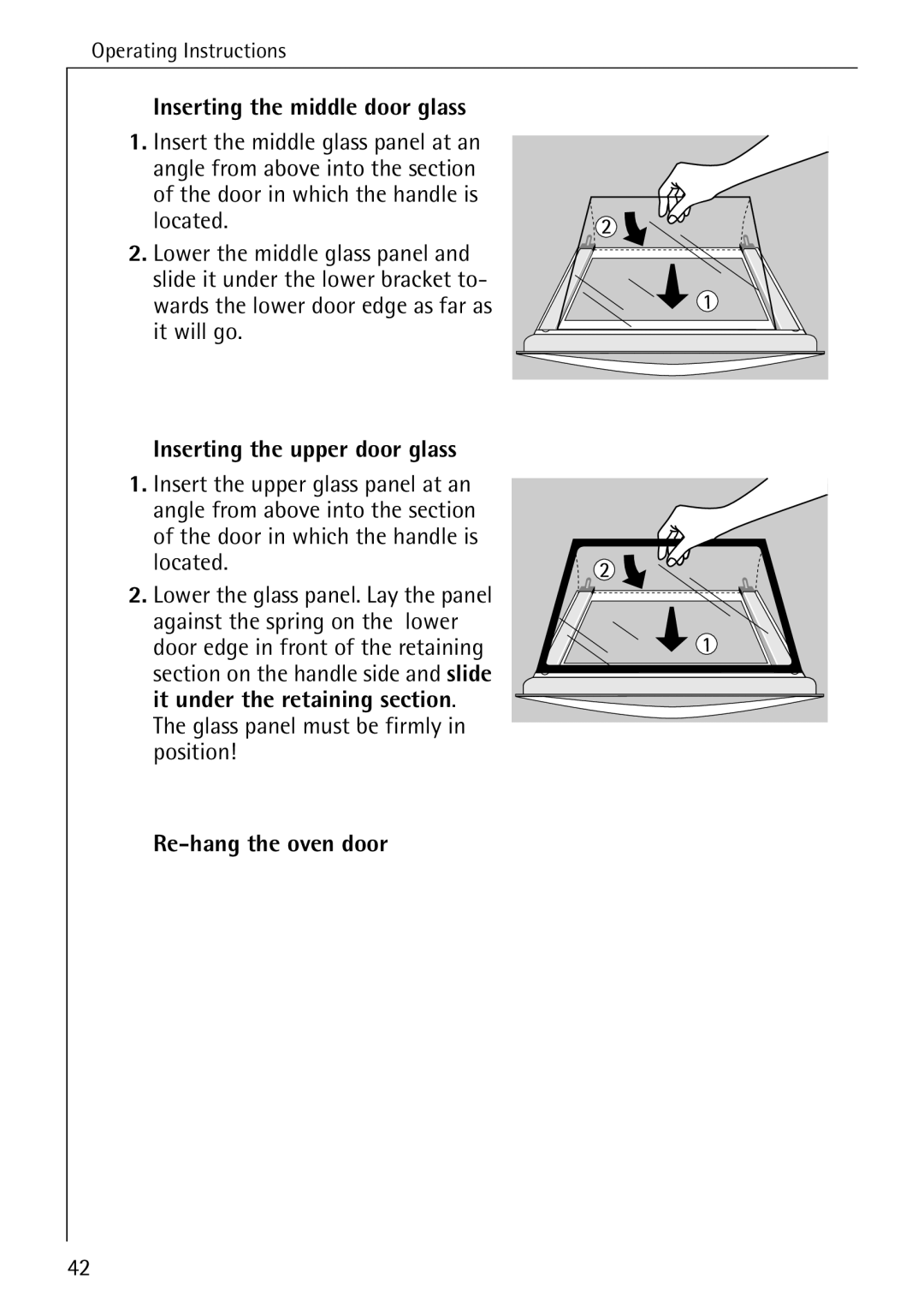 Electrolux B1180-1 manual Inserting the middle door glass, Inserting the upper door glass, Re-hang the oven door 