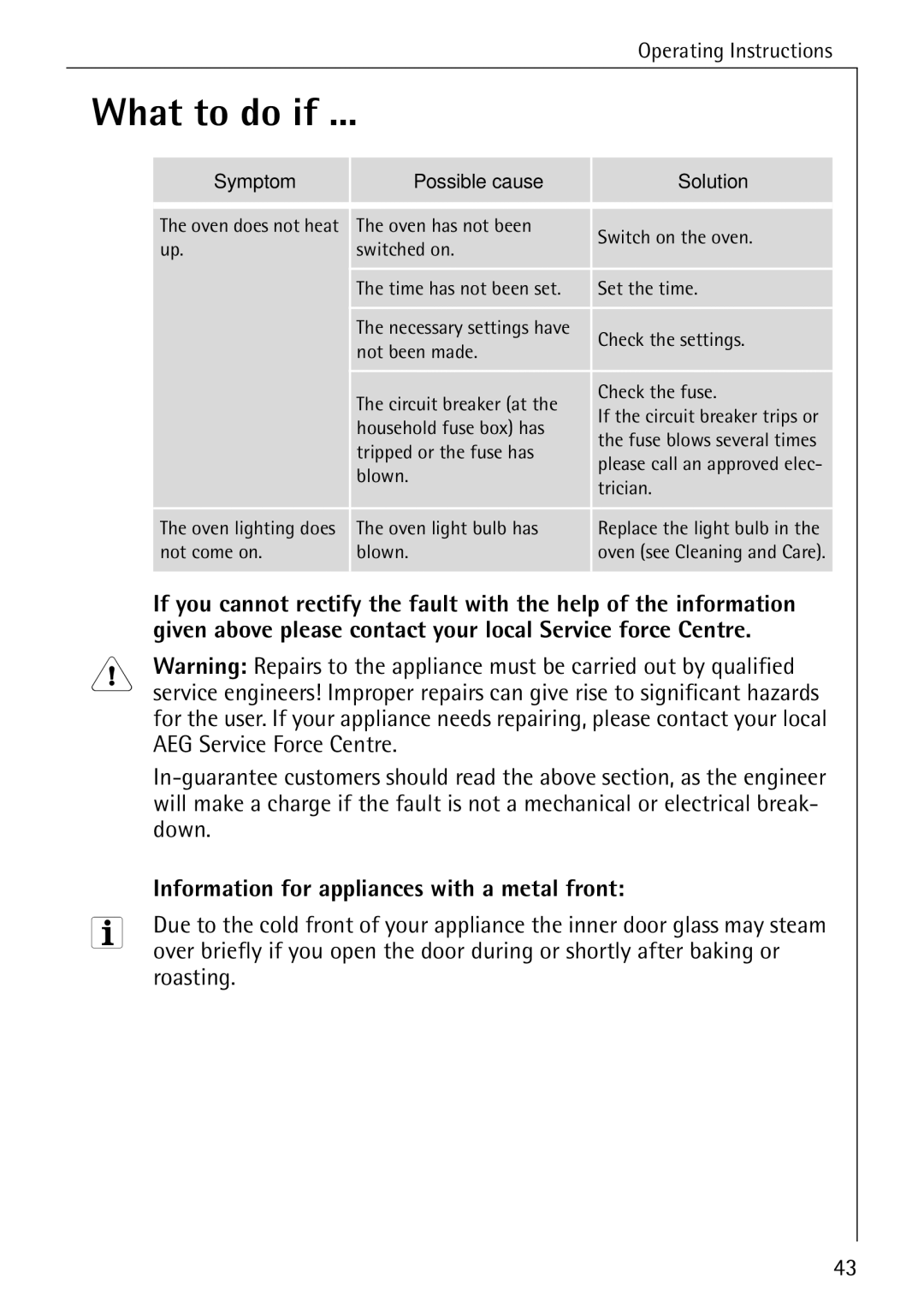 Electrolux B1180-1 What to do if, AEG Service Force Centre, Down, Information for appliances with a metal front, Roasting 