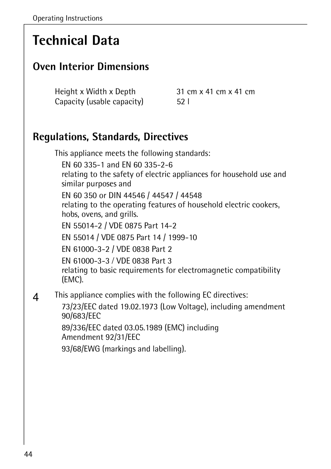 Electrolux B1180-1 Technical Data, Oven Interior Dimensions, Regulations, Standards, Directives, Height x Width x Depth 