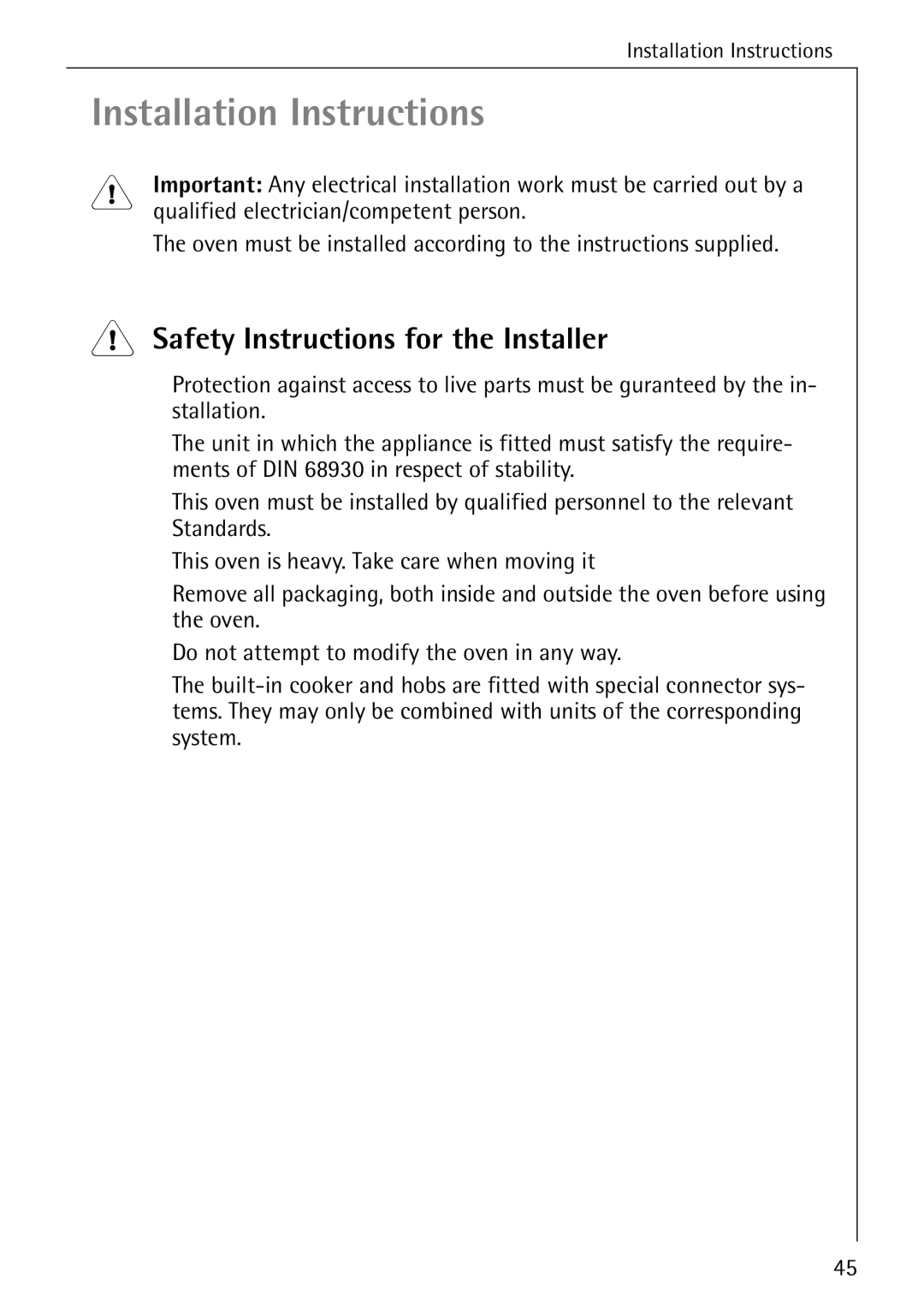 Electrolux B1180-1 manual Safety Instructions for the Installer, Qualified electrician/competent person 